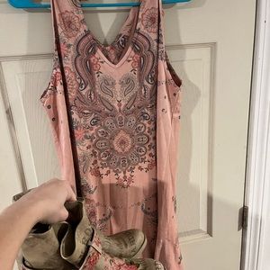 Woman’s midi suede dress, medium petite, mauve with flower pattern.